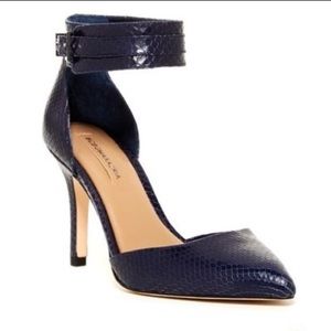 BCBG Maxazria navy blue snakeskin high heel shoes